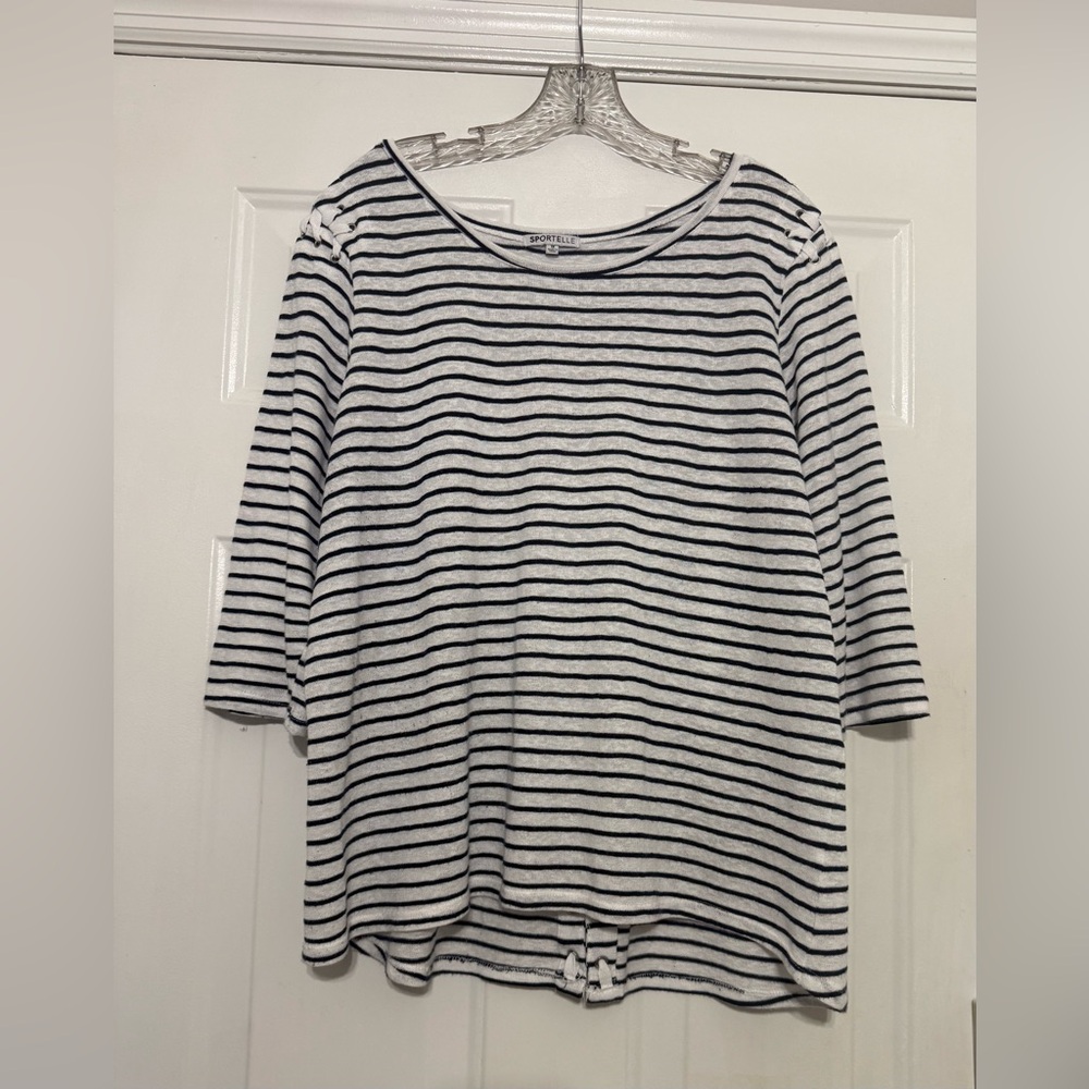 Sportelle Size 1X Striped Boatneck 3/4 Sleeve Top - White & Navy